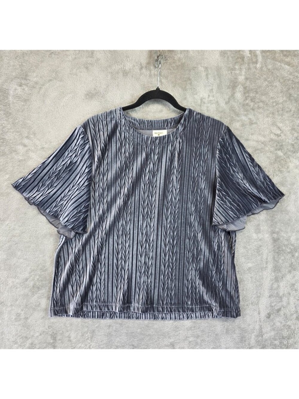 World Market Blouse Womens S/M Gray Round Neck Short Sleeve Velour Striped Top